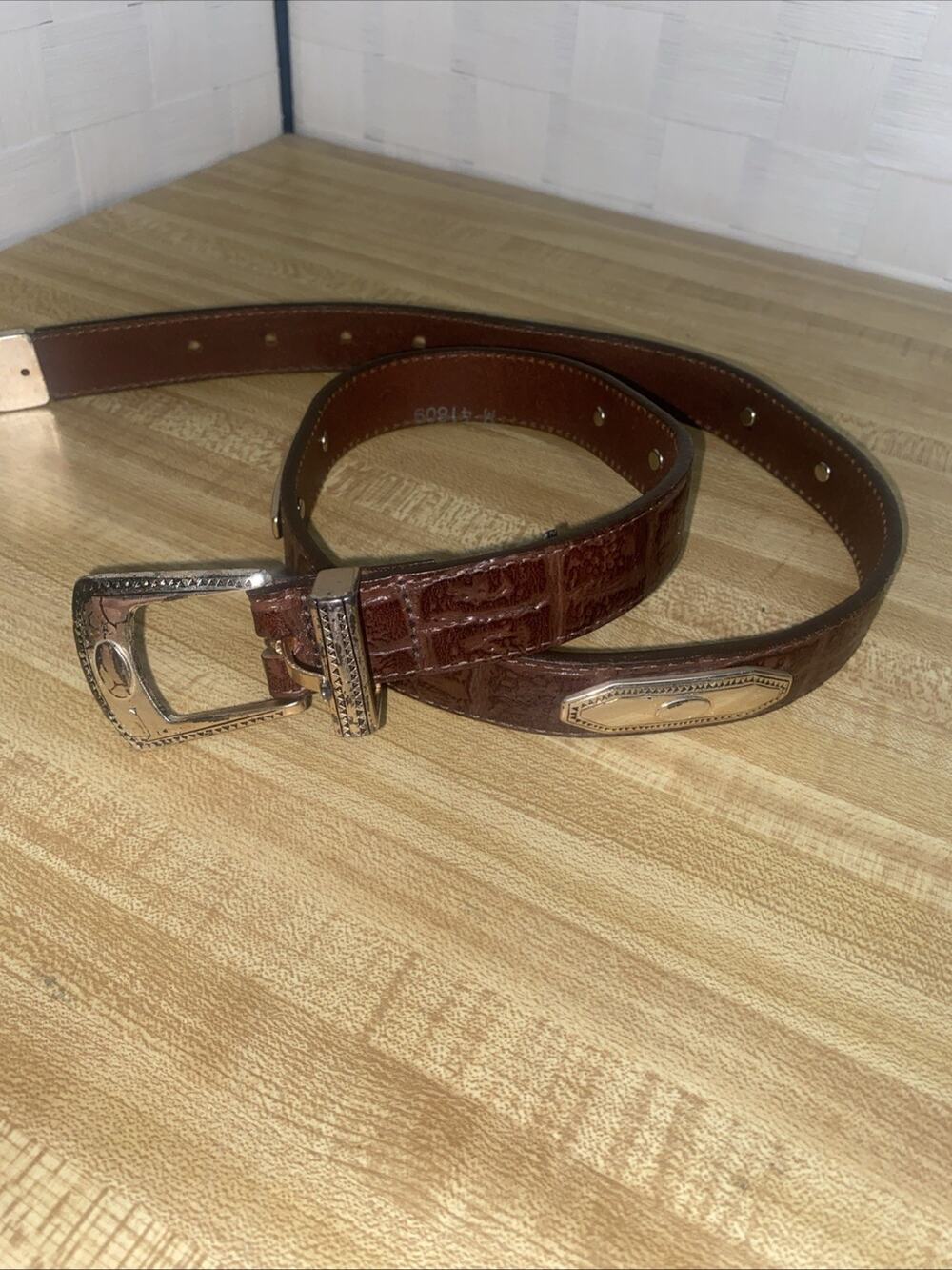 Brighton 1990 Leather Brown Belt #5019 Silver Tone Metal Sz 30 Med/Large USA